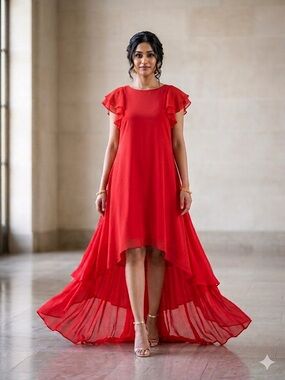 Luxury Romantic Stunning 100% Silk High-Low Ruffle Gown – Vibrant Red